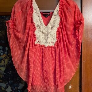 Trendy Boho Coral Blouse with Lace Detail
